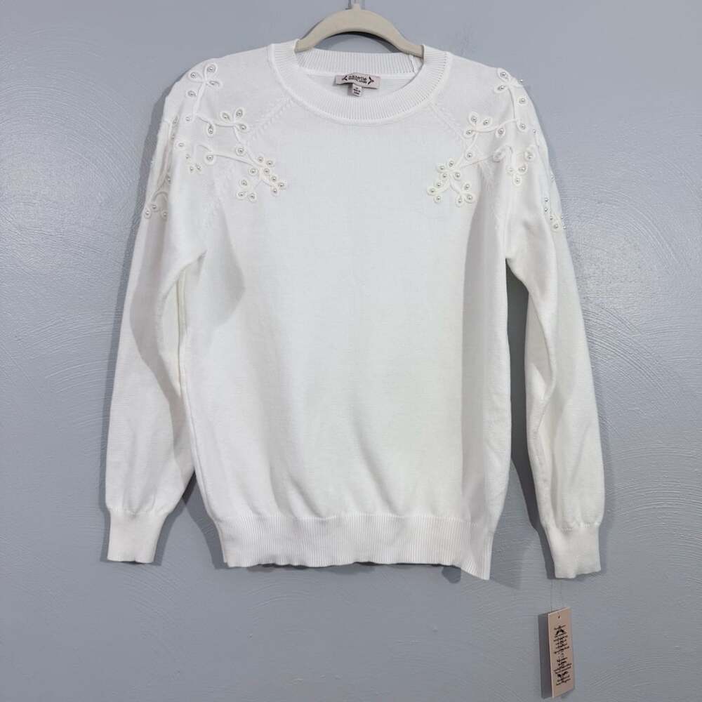 Nanette Lepore NWT White Embroidered Pearl Crewneck Sweater M